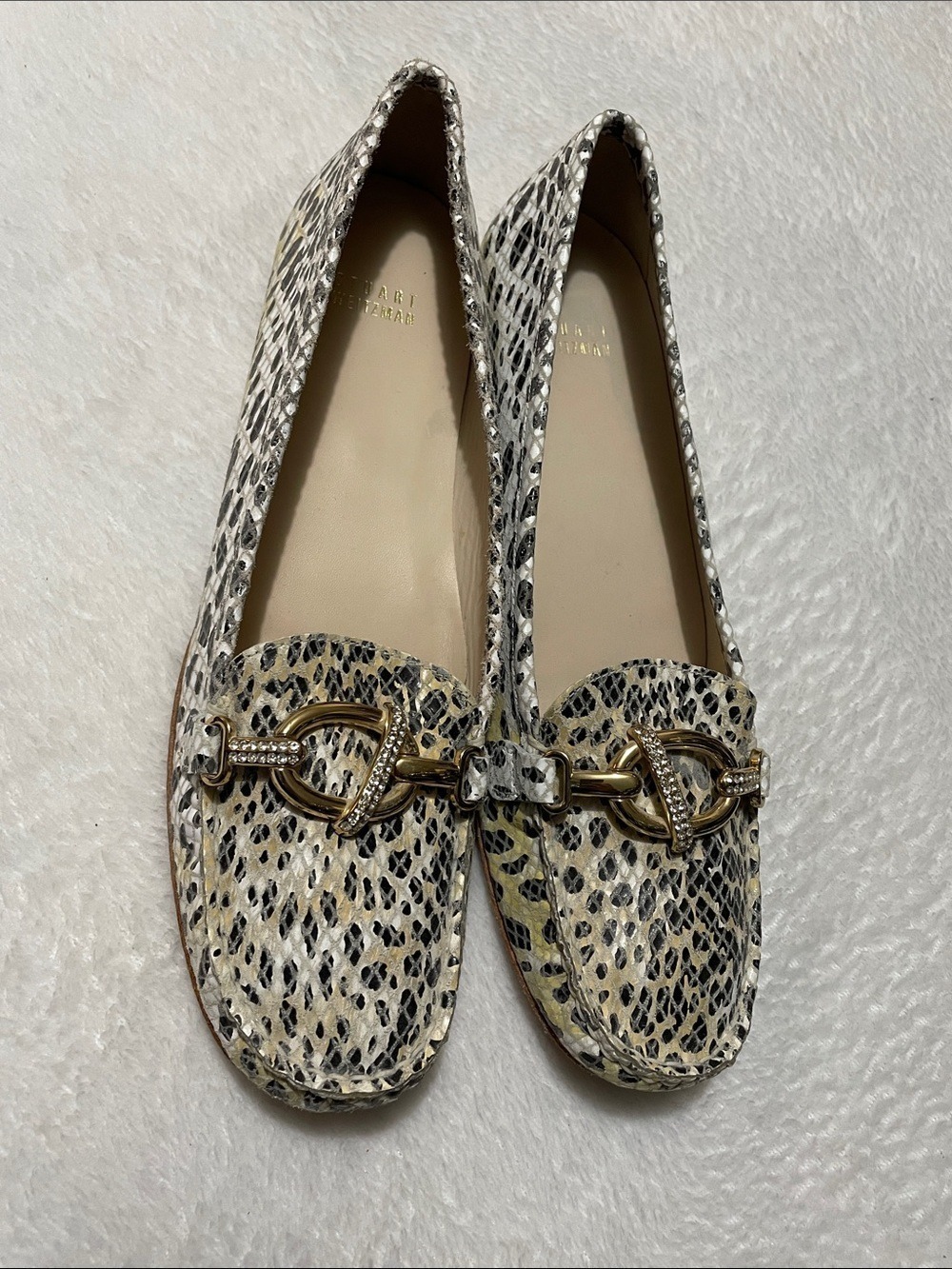 Stuart Weitzman Snake -Print Cream & Black Leather Driving Loafer 9N